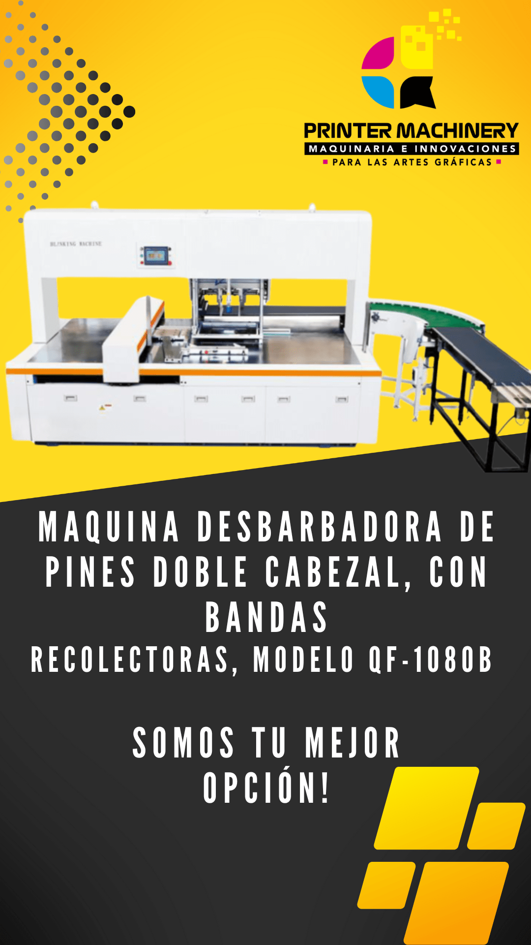 Maquina desbarbadora de pines doble cabezal, con bandas recolectoras Modelo QF-1080B