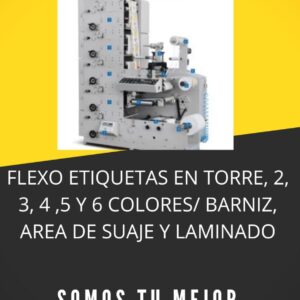 FLEXO ETIQUETAS EN TORRE, 2, 3, 4 ,5 Y 6 COLORES/ BARNIZ, AREA DE SUAJE Y LAMINADO, MODELO ZBS-320.