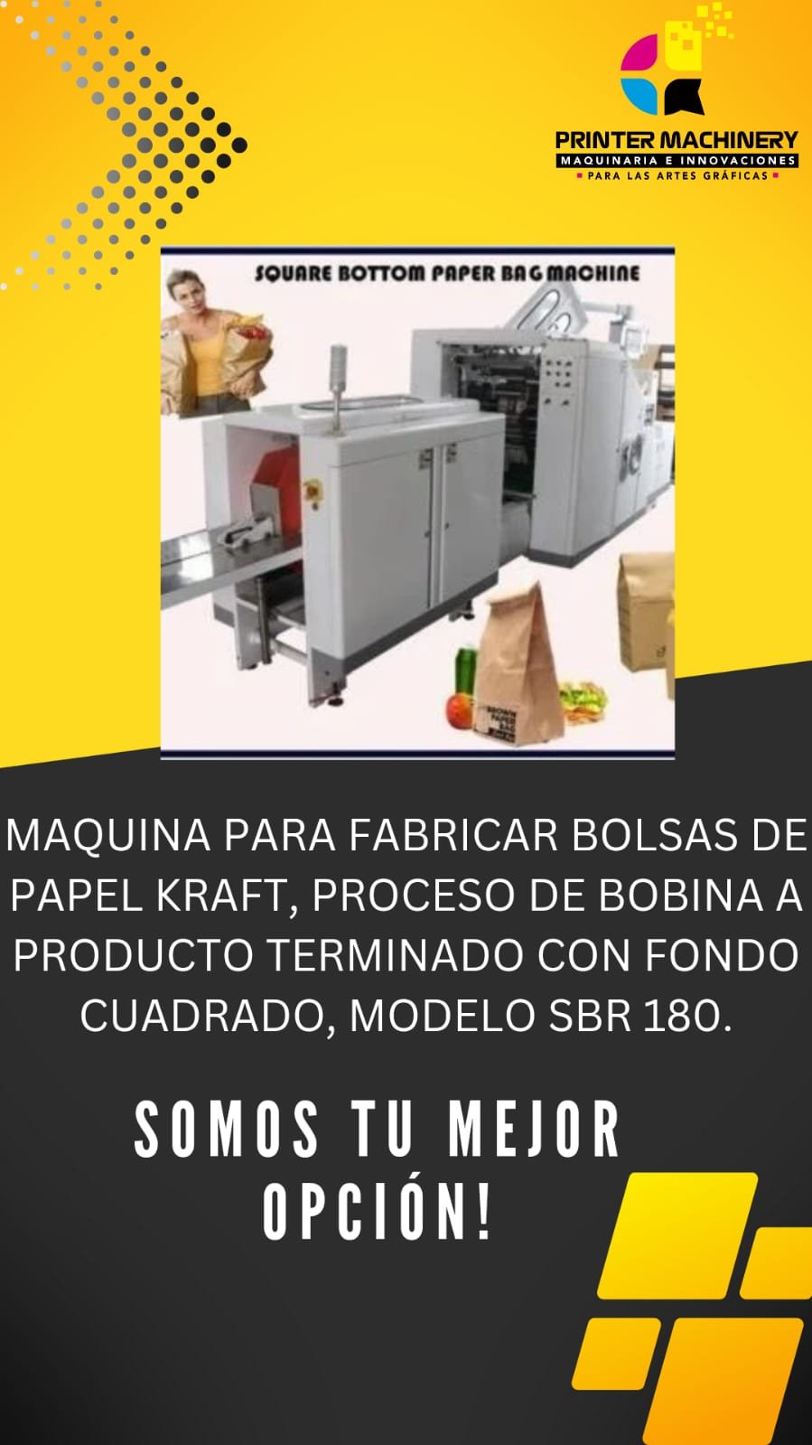MAQUINA PARA FABRICAR BOLSAS DE PAPEL KRAFT, PROCESO DE BOBINA A PRODUCTO TERMINADO CON FONDO CUADRADO, MODELO SBR 180.