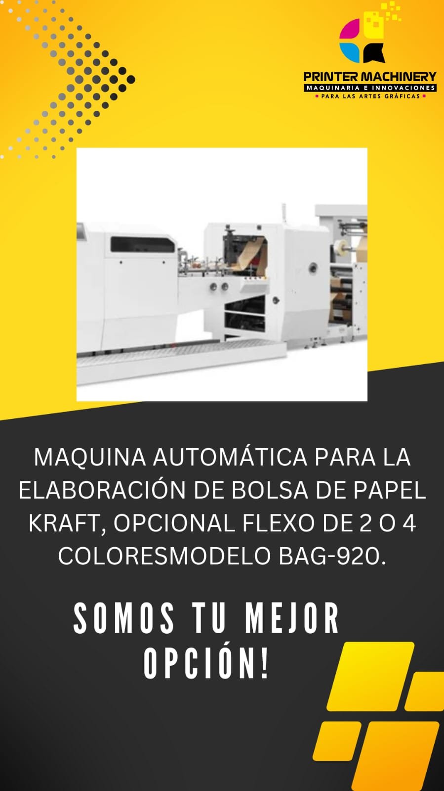 MAQUINA AUTOMÁTICA PARA LA ELABORACIÓN DE BOLSA DE PAPEL KRAFT, OPCIONAL FLEXO DE 2 O 4 COLORESMODELO BAG-920.