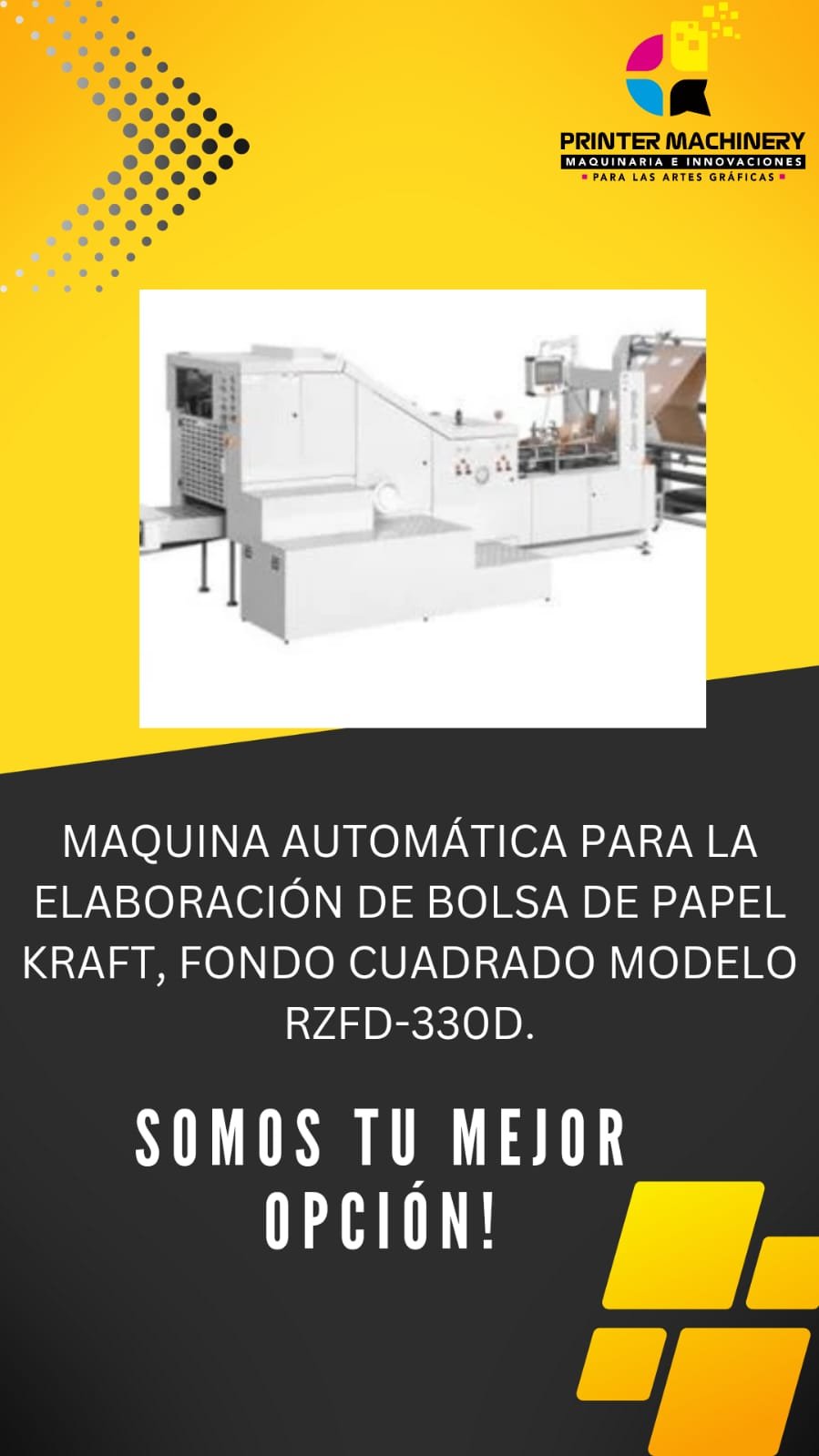 MAQUINA AUTOMÁTICA PARA LA ELABORACIÓN DE BOLSA DE PAPEL KRAFT, FONDO CUADRADO MODELO RZFD-330D.